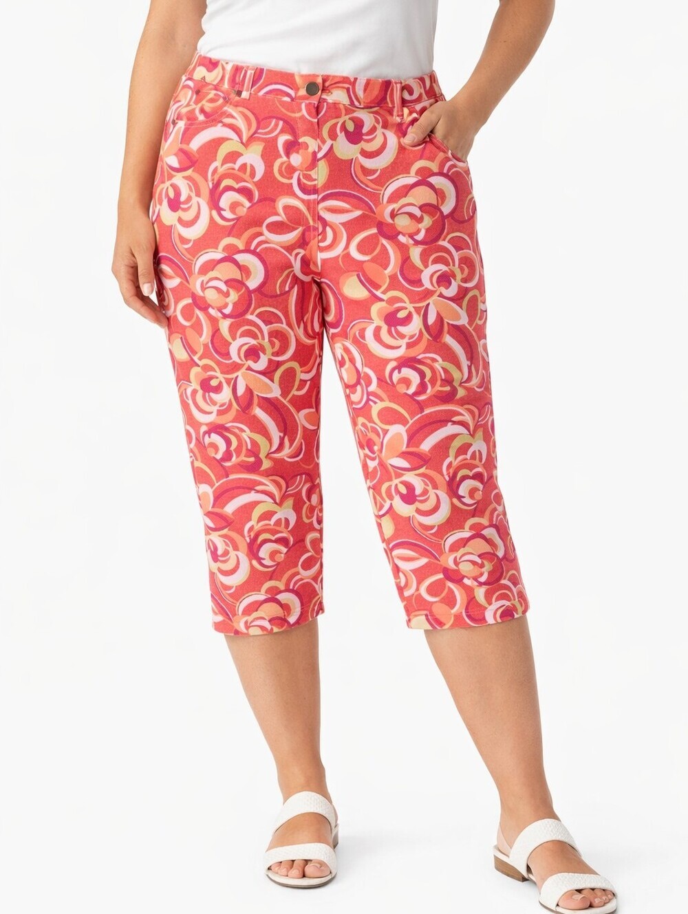 Ruby Rd. Capris With Pink Orange White & Purple Swirl Design Cotton Women's 14